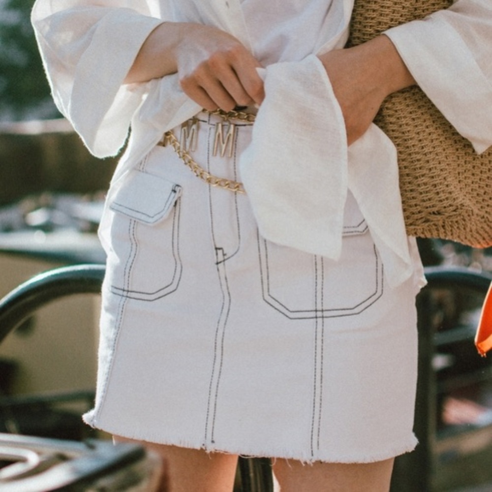 White Denim Skirt w/ Navy Stitching